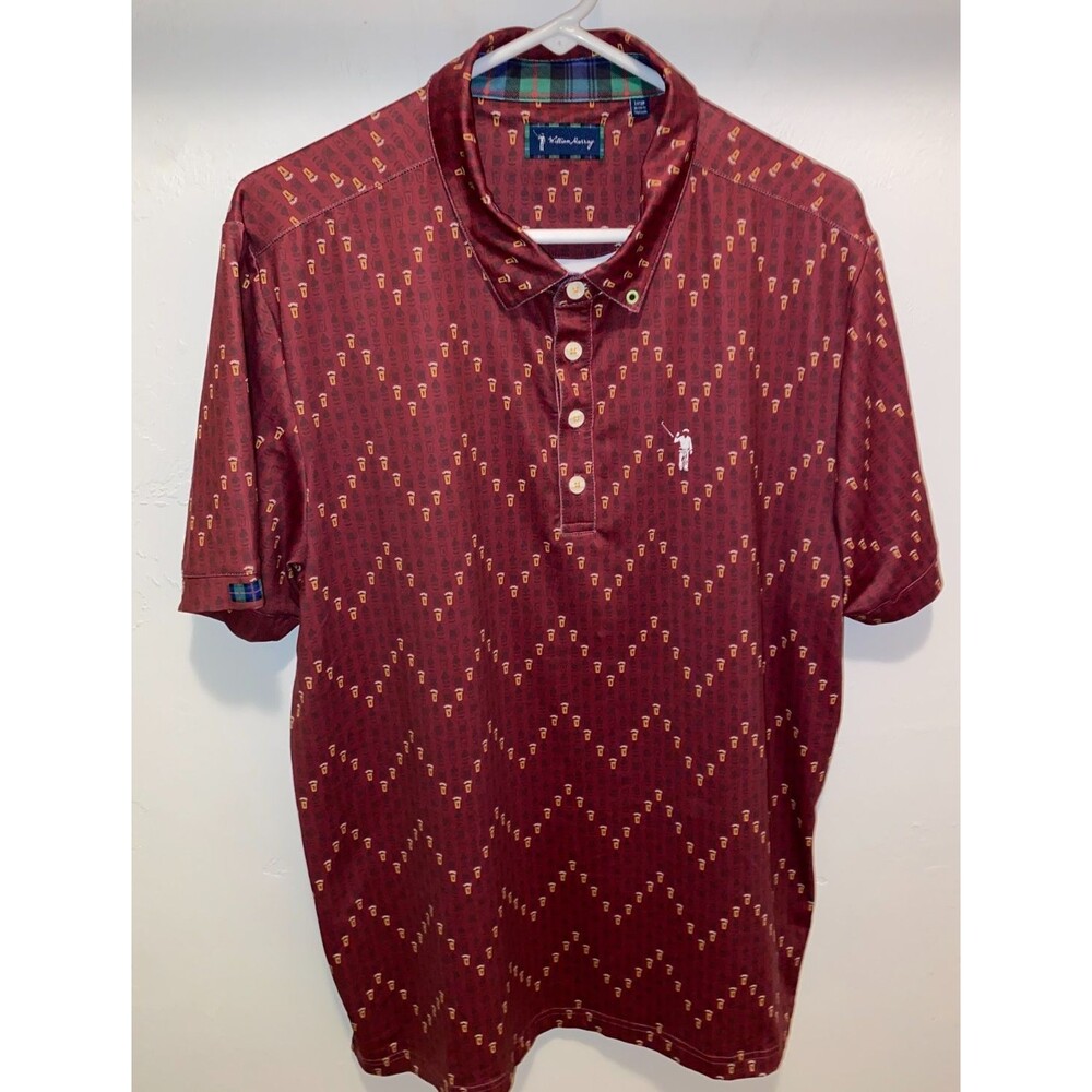 William Murray Polo Shirt Mens L Burgundy Beer Glass Golf Button Up Short Sleeve